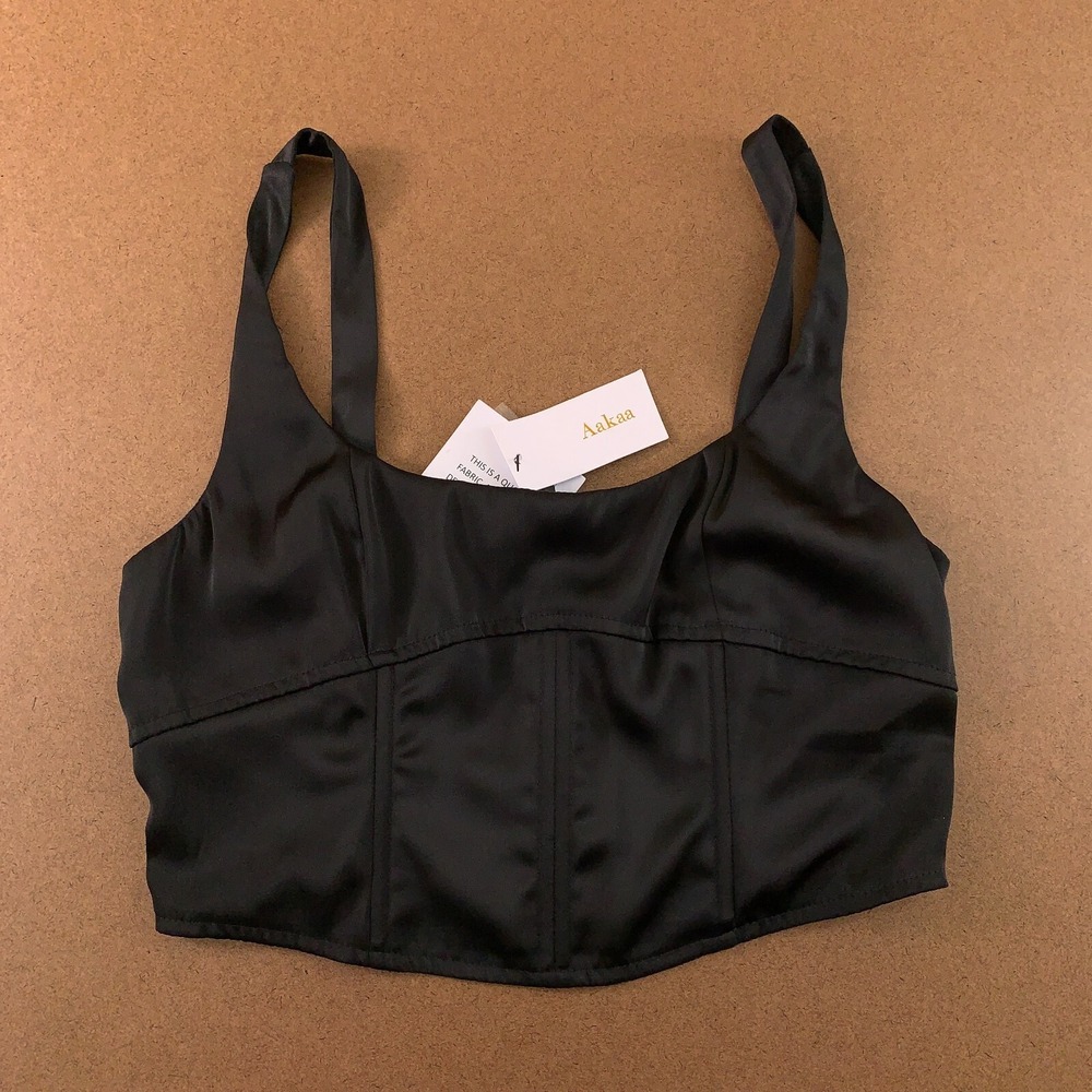 Aakaa Womens Medium Black Satin Smocked Back Pullover Cropped Corset Top NWT